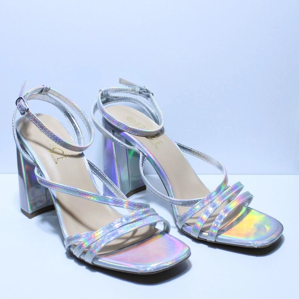 Rogue Womens Strappy Block 4" Heels Holographic Silver 90s Y2K Size 7.5